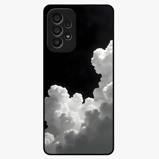 Black Background With White Cloud Glass Case showing flat back view with minimal cloud artwork on dark background and glossy glass finish.