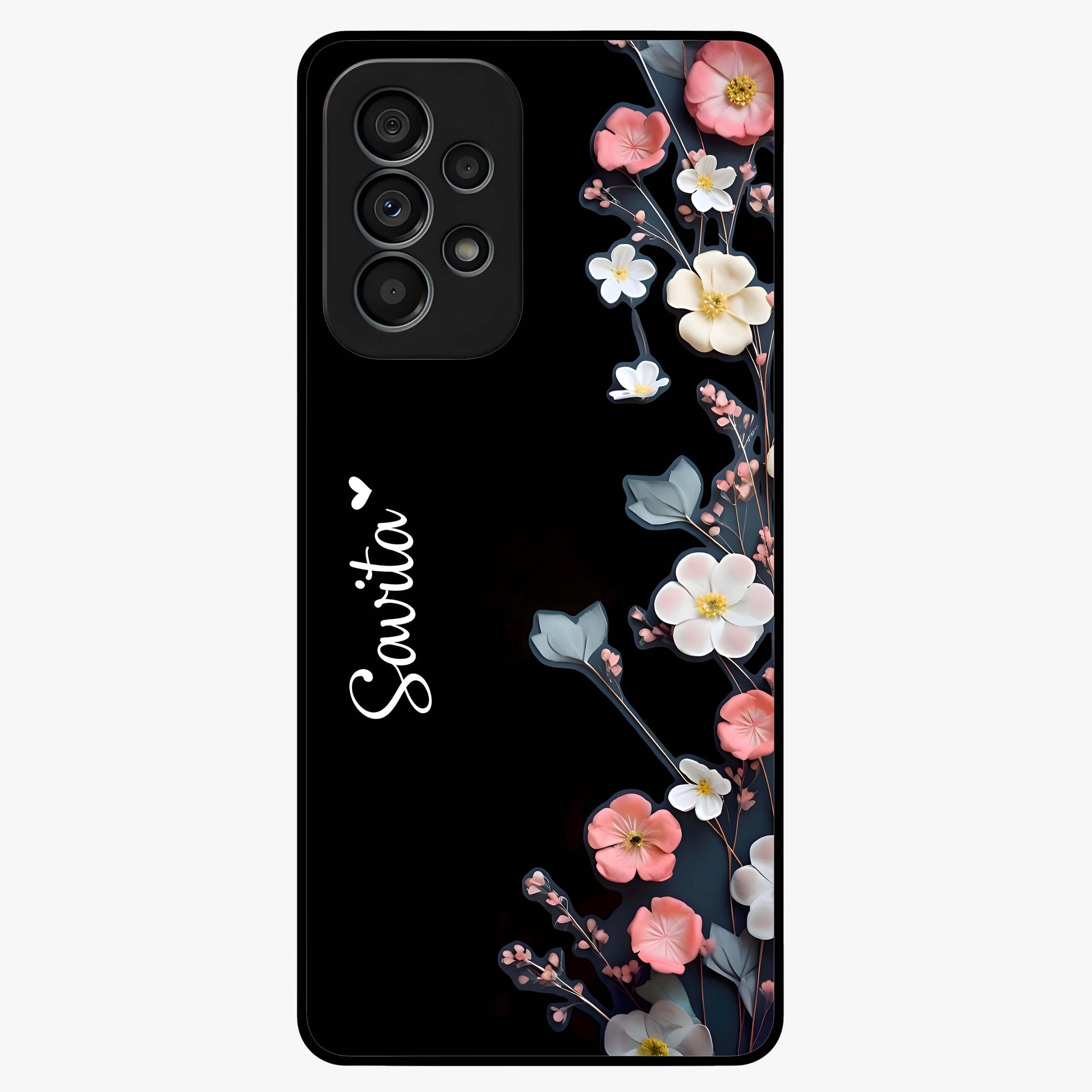 Black Elegance Floral Custom Name Glass Case showing flat back view with elegant floral artwork and personalized name design.