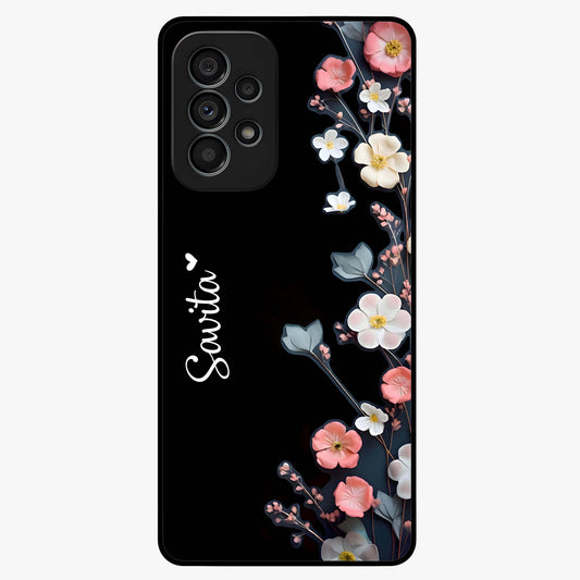 Black Elegance Floral Custom Name Glass Case showing flat back view with elegant floral artwork and personalized name design.