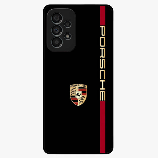Black Minimal Porsche Glass Case showing flat back view with sleek minimal sports car artwork and glossy glass finish.