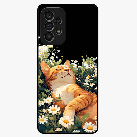 Blissful Bloom Cat Glass Case showing flat back view with cute cat and floral bloom artwork and glossy glass finish.