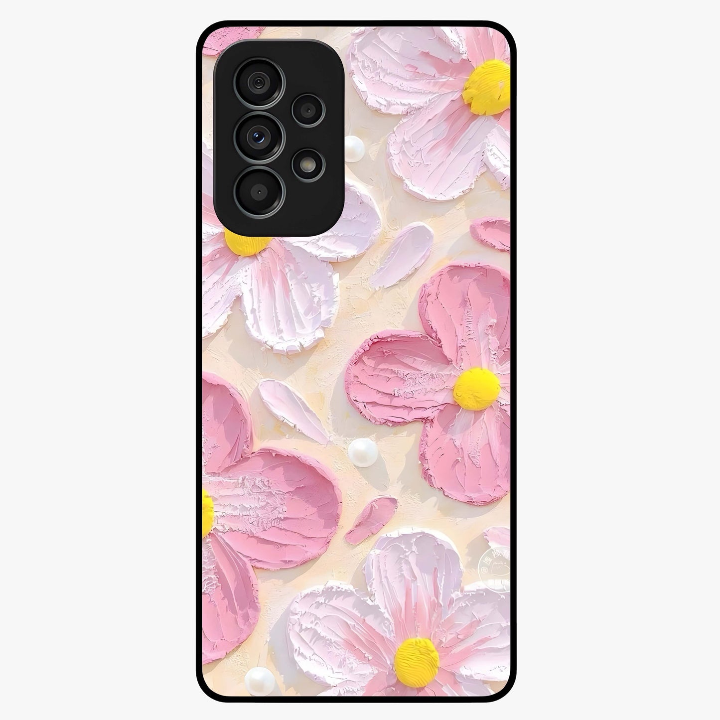 Blush Bloom Texture Glass Case showing flat back view with soft blush floral texture artwork and glossy glass finish.