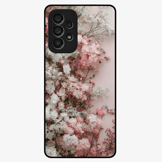 Blush Blossom Cloud Glass Case showing flat back view with dreamy blush cloud blossom artwork and glossy glass finish.