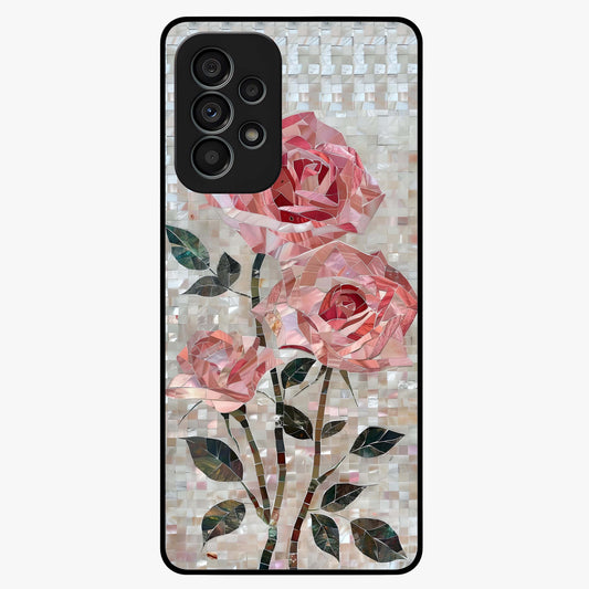 Blush Mosaic Bloom Glass Case showing flat back view with mosaic floral bloom artwork and glossy glass finish.