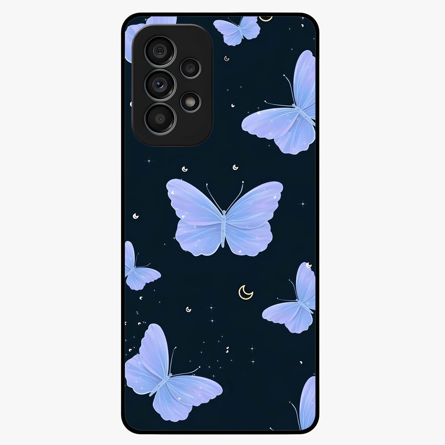 Butterfly With Stars Pattern Glass Case showing flat back view with butterfly and star pattern artwork and glossy glass finish.