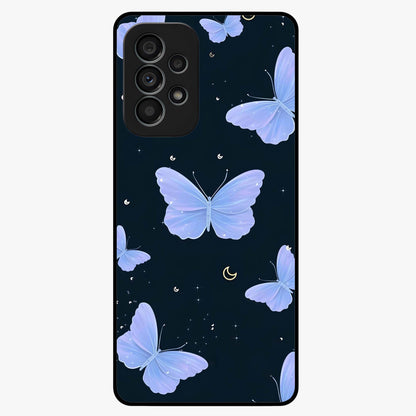 Butterfly With Stars Pattern Glass Case showing flat back view with butterfly and star pattern artwork and glossy glass finish.
