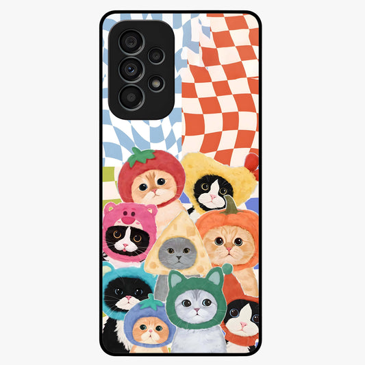 Cats in Fruits Glass Case showing flat back view with playful cat illustrations inside fruit artwork and glossy glass finish.