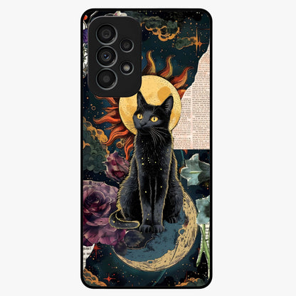 Celestial Black Cat Glass Case showing flat back view with mystical black cat artwork and glossy glass finish.