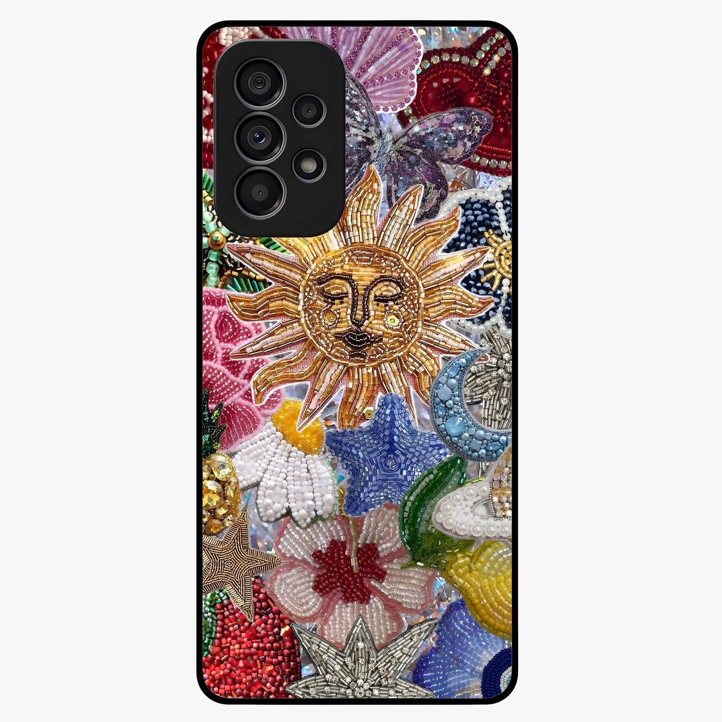 Celestial Floral and Playful Glass Case showing flat back view with floral and celestial themed artwork and glossy glass finish.