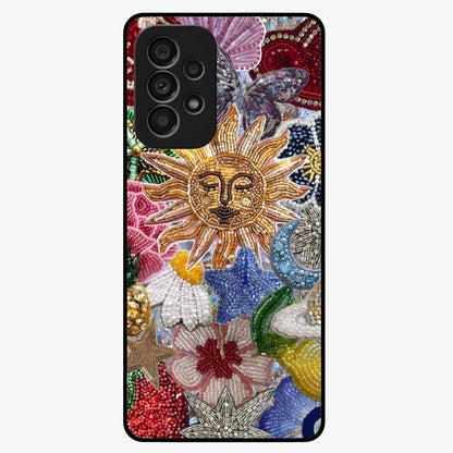 Celestial Floral and Playful Glass Case showing flat back view with floral and celestial themed artwork and glossy glass finish.