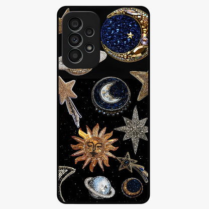 Celestial Gem Constellations Glass Case showing flat back view with sparkling constellation artwork and glossy glass finish.