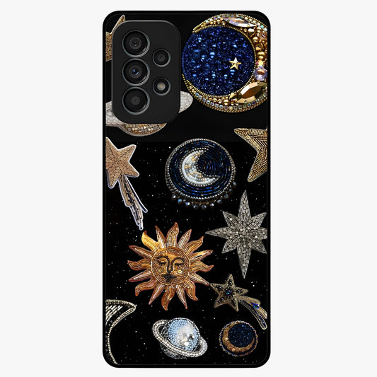 Celestial Gem Constellations Glass Case showing flat back view with sparkling constellation artwork and glossy glass finish.