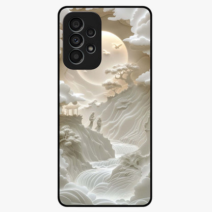 Celestial Origami Glass Case showing flat back view with artistic origami inspired celestial artwork and glossy glass finish.