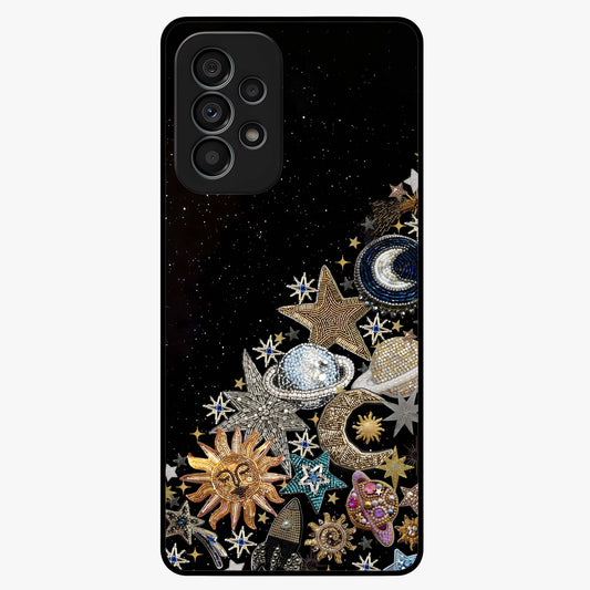 Cosmic Sparkle Dreams Glass Case showing flat back view with sparkling cosmic artwork and glossy glass finish.