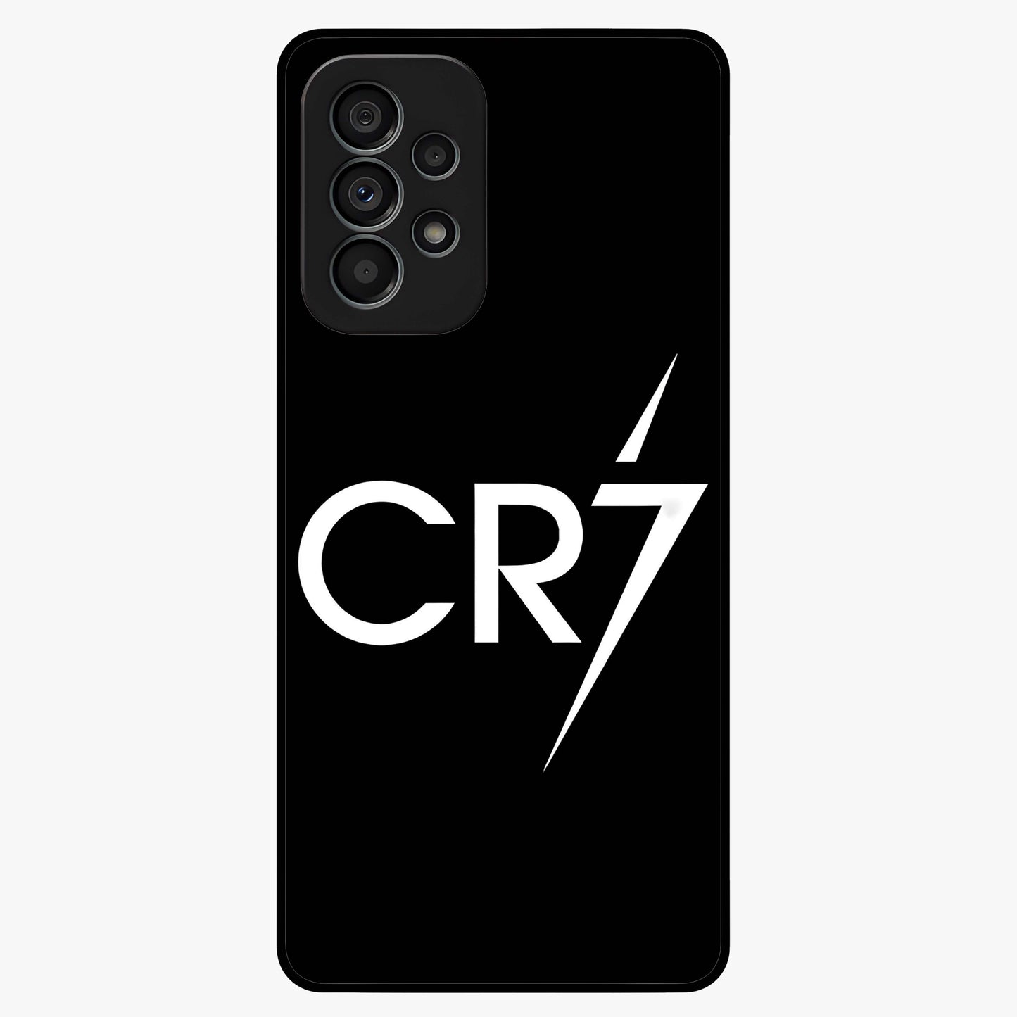 Cr7 Elite Strike Glass Case showing flat back view with dynamic football inspired artwork and glossy glass finish.