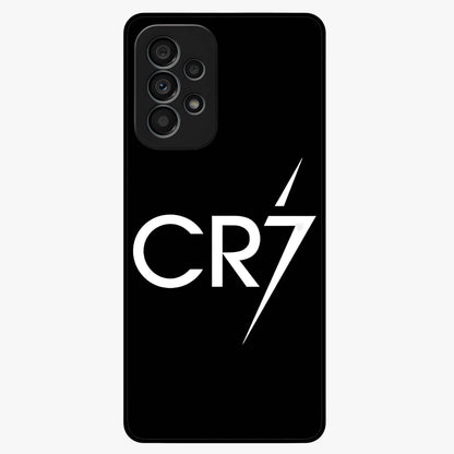 Cr7 Elite Strike Glass Case showing flat back view with dynamic football inspired artwork and glossy glass finish.