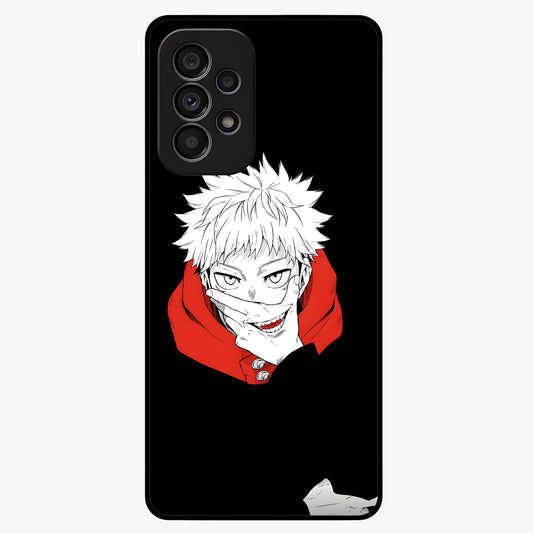 Crimson Chaos Smile Glass Case showing flat back view with bold chaotic smile artwork and glossy glass finish.
