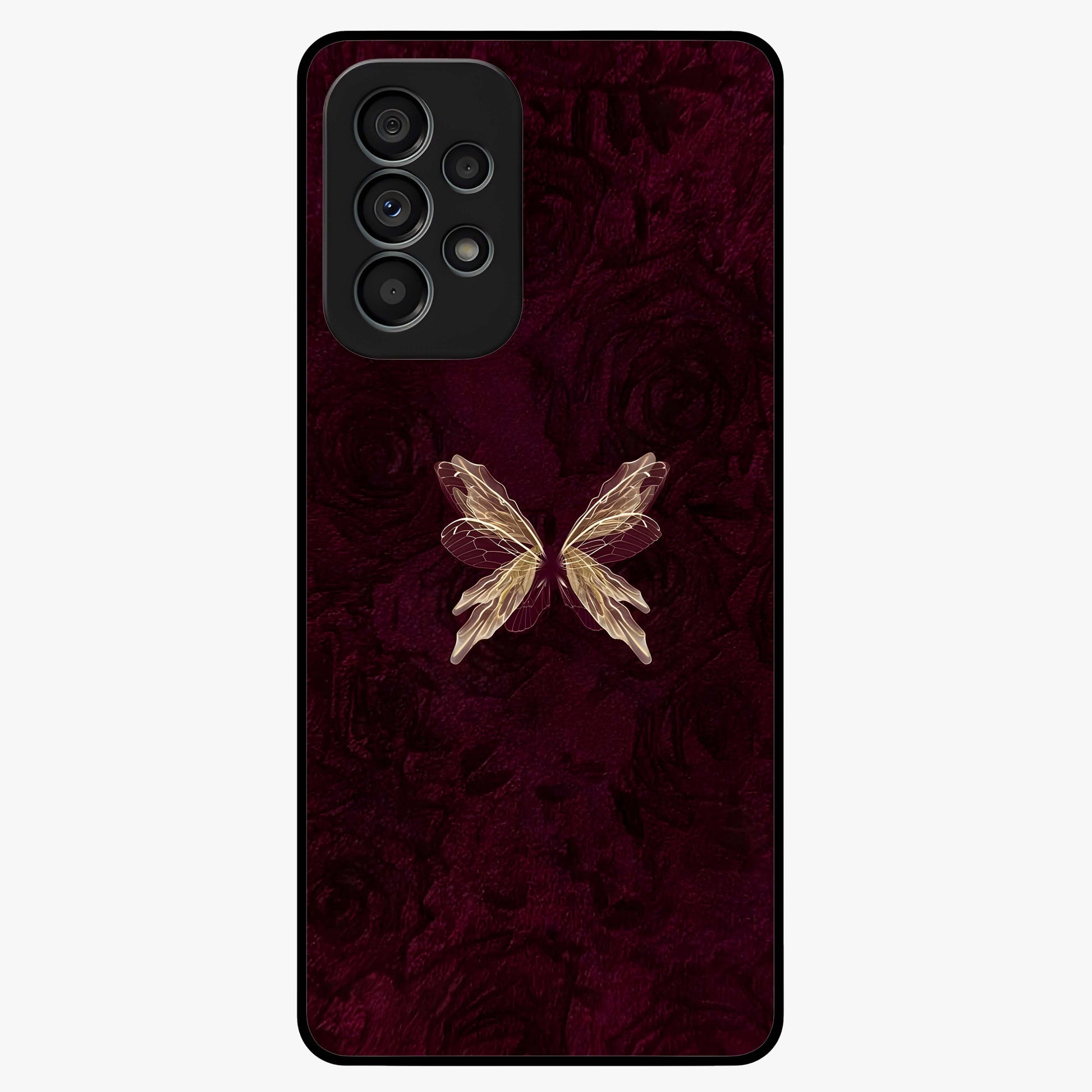 Crimson Fade Butterfly Glass Case showing flat back view with fading butterfly artwork and glossy glass finish.