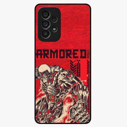 Crimson Mecha Titan Glass Case showing flat back view with powerful mech titan artwork and glossy glass finish.