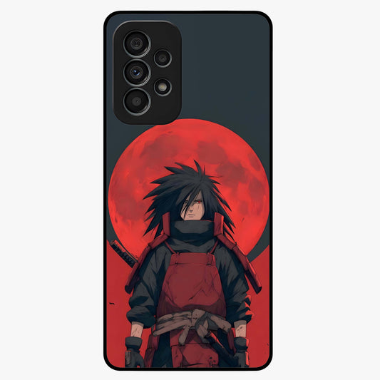 Crimson Moon Warlord Glass Case showing flat back view with mystical moon warrior artwork and glossy glass finish.
