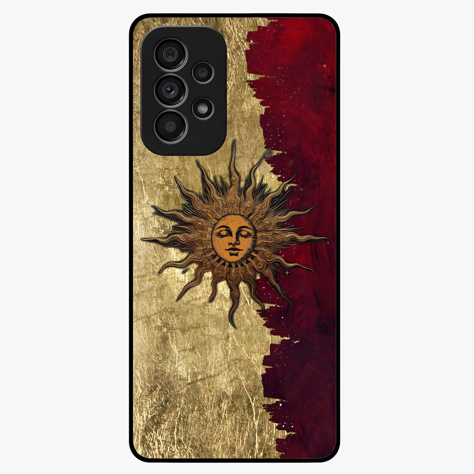 Crimson Sun Majesty Glass Case showing flat back view with radiant sun inspired artwork and glossy glass finish.