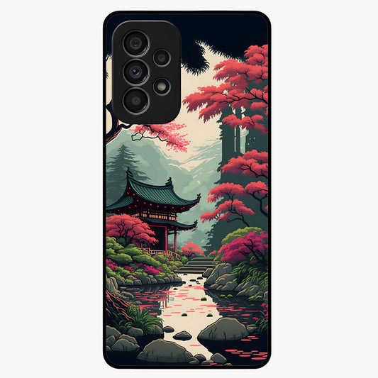Crimson Temple View Glass Case showing flat back view with temple inspired artwork and glossy glass finish.
