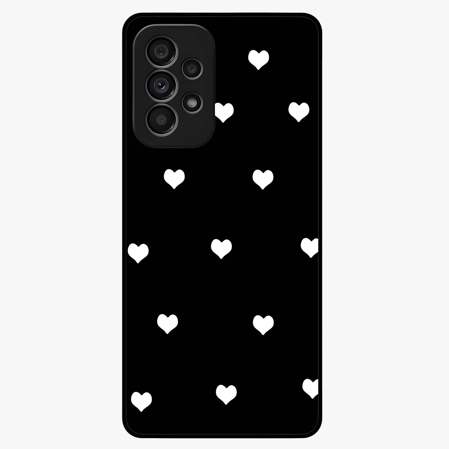 Cute And Simple White Hearts Glass Case showing flat back view with minimal white heart pattern and glossy glass finish.
