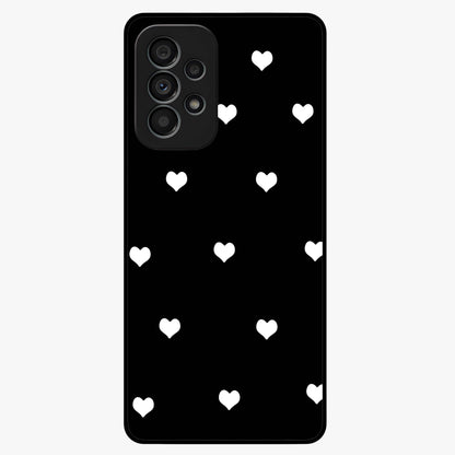 Cute And Simple White Hearts Glass Case showing flat back view with minimal white heart pattern and glossy glass finish.