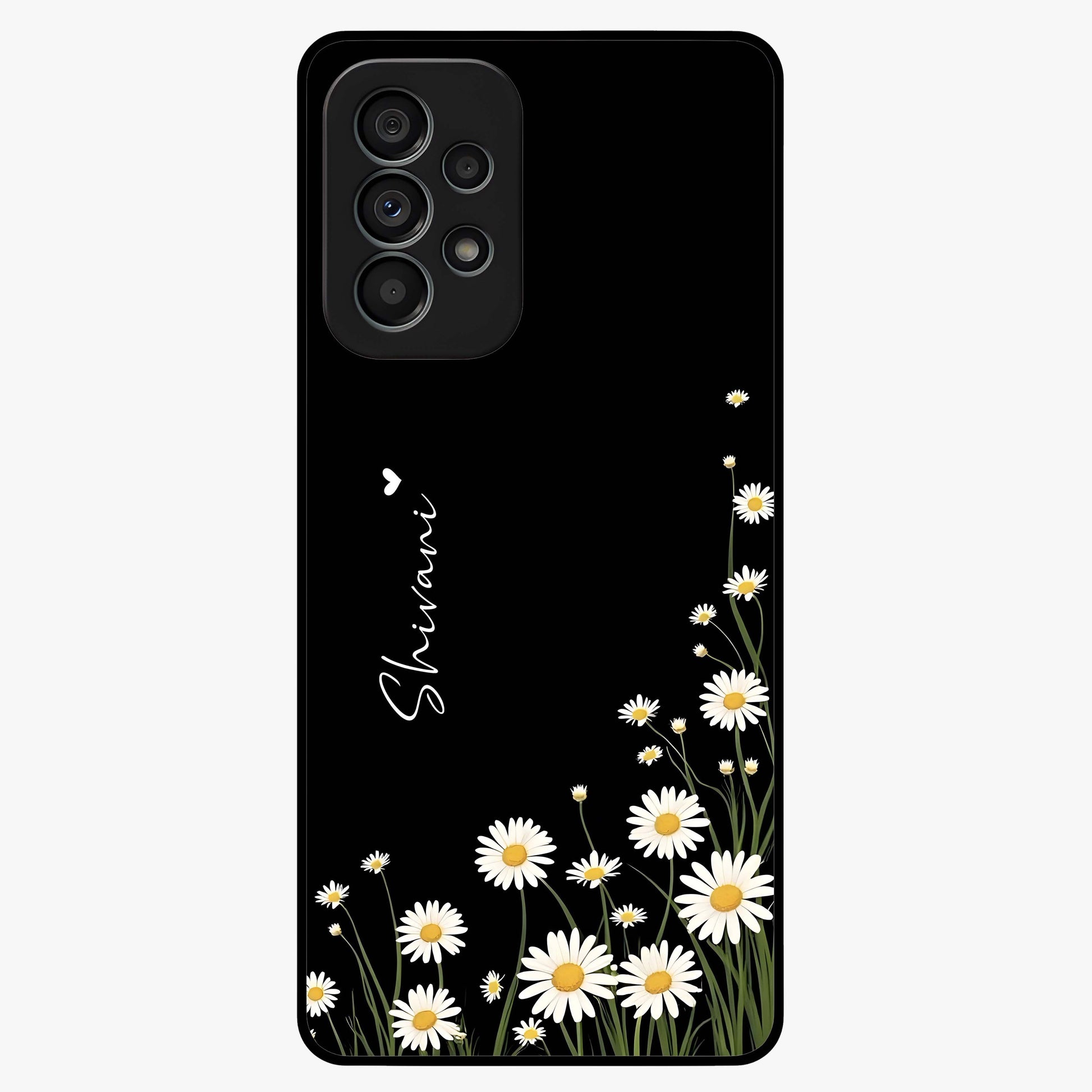 Daisy Cascade Custom Name Glass Case showing flat back view with cascading daisy flowers and personalized name design.