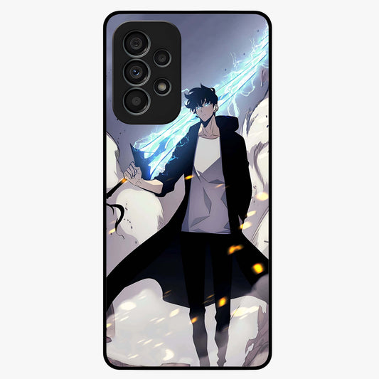 Dark Lightning Anime Warrior Glass Case showing flat back view with intense anime warrior artwork and glossy glass finish.