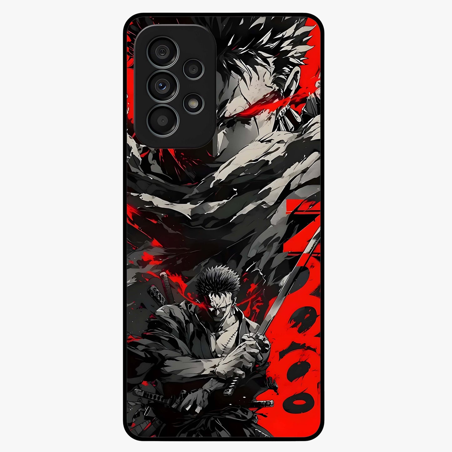Demon Sword Resolve Glass Case showing flat back view with fierce sword warrior artwork and glossy glass finish.