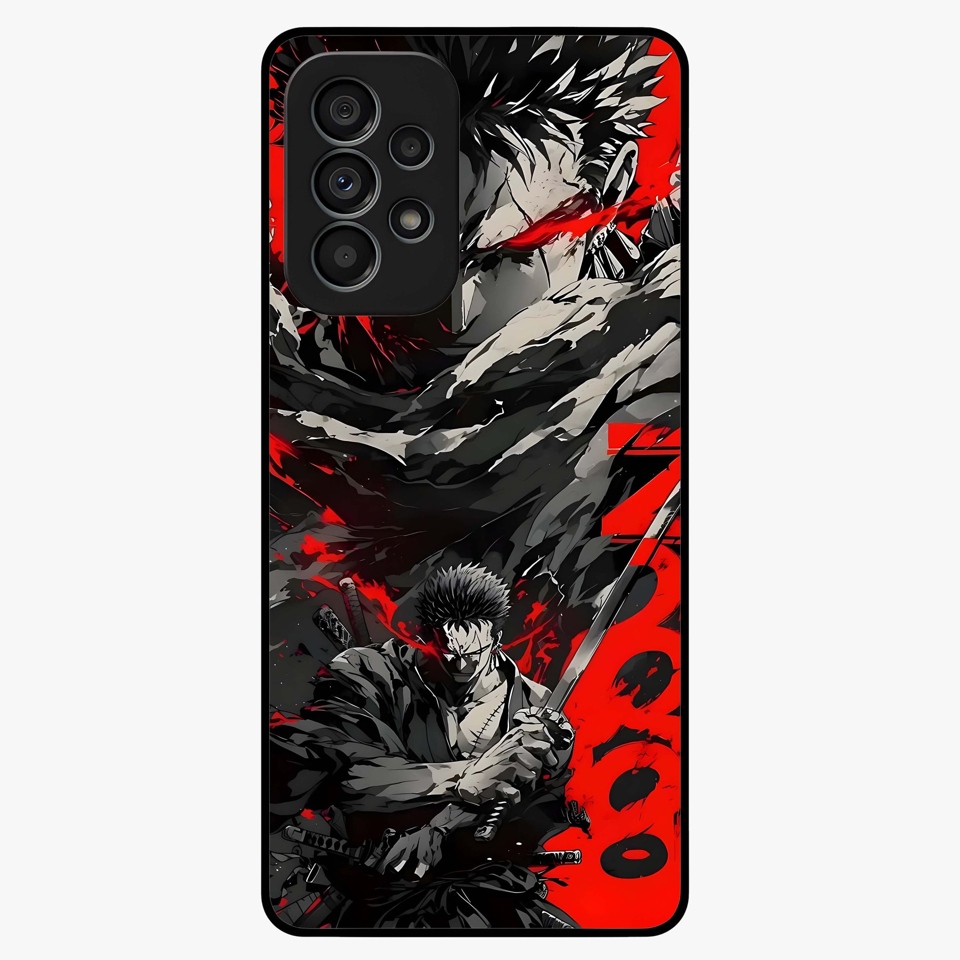 Demon Sword Resolve Glass Case showing flat back view with fierce sword warrior artwork and glossy glass finish.