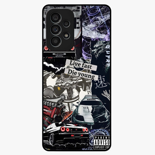Die Young Glass Case showing flat back view with bold artistic typography design and glossy glass finish.