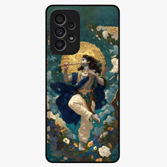 Divine Krishna Art Glass Case showing flat back view with Lord Krishna artwork and glossy glass finish.