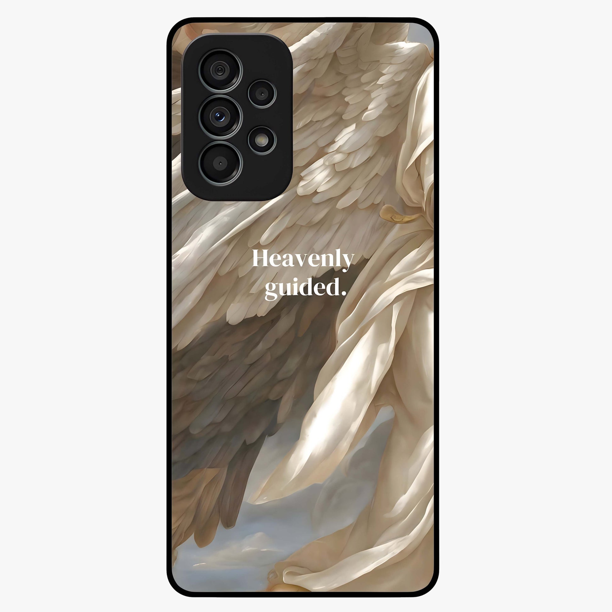 Divine Winged Grace Glass Case showing flat back view with elegant wing inspired artwork and glossy glass finish.