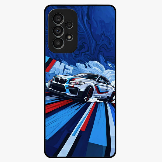 Drift Power Rush Glass Case showing flat back view with dynamic racing inspired artwork and glossy glass finish.