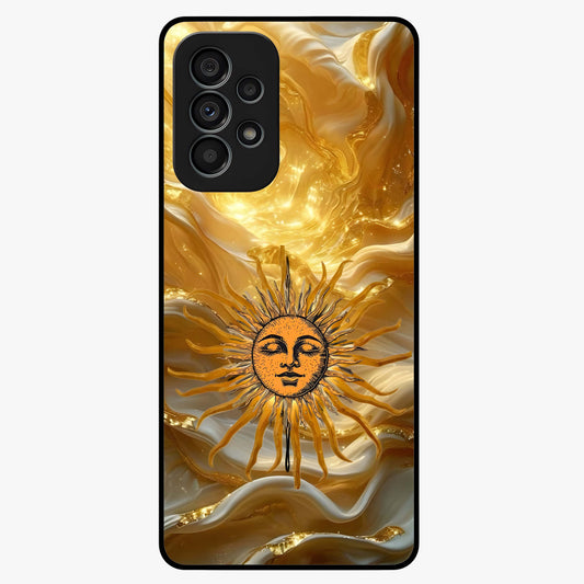 Eternal Golden Glow Glass Case showing flat back view with radiant golden themed artwork and glossy glass finish.