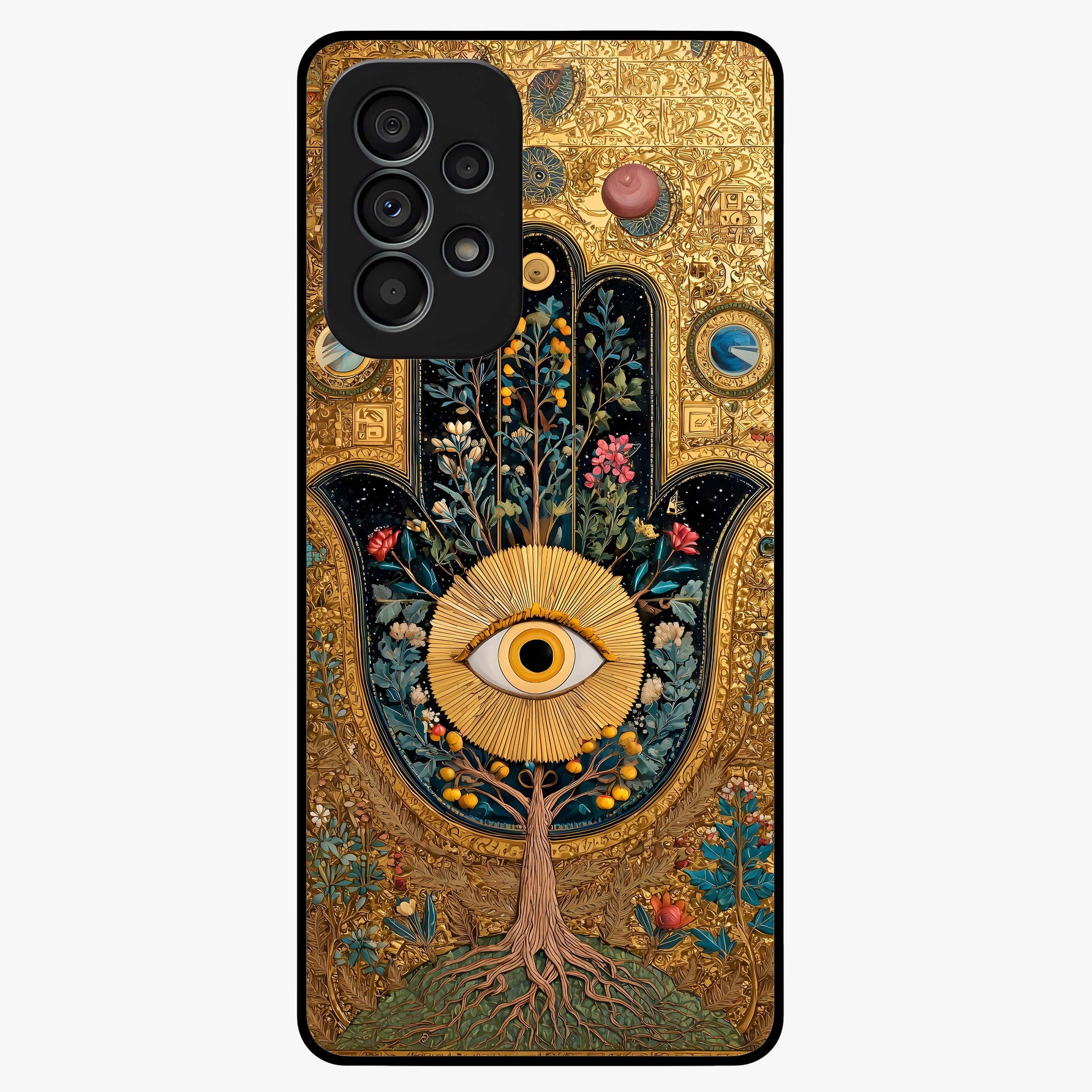 Ethereal Evil Eye Glass Case showing flat back view with mystical evil eye artwork and glossy glass finish.