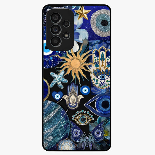 Evil Eye Charm Mix Glass Case showing flat back view with multiple evil eye charms artwork and glossy glass finish.