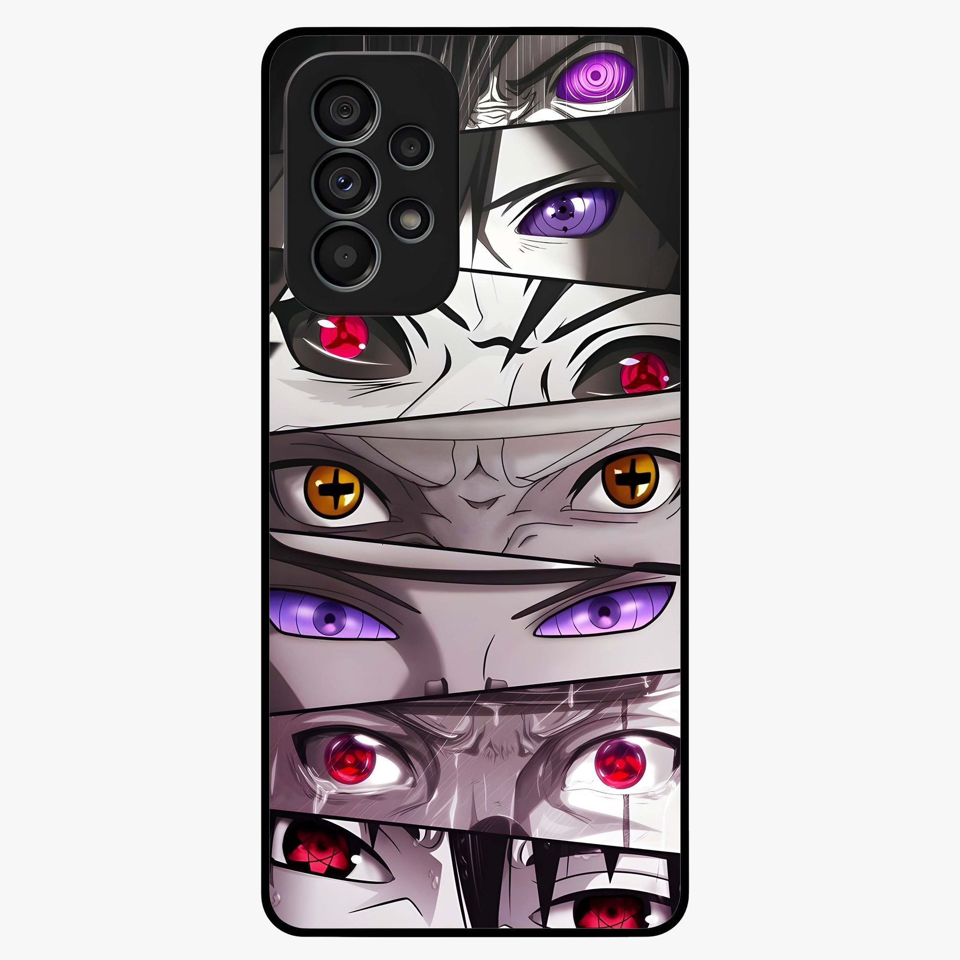 Eyes of Destiny Glass Case showing flat back view with striking eye themed artwork and glossy glass finish.