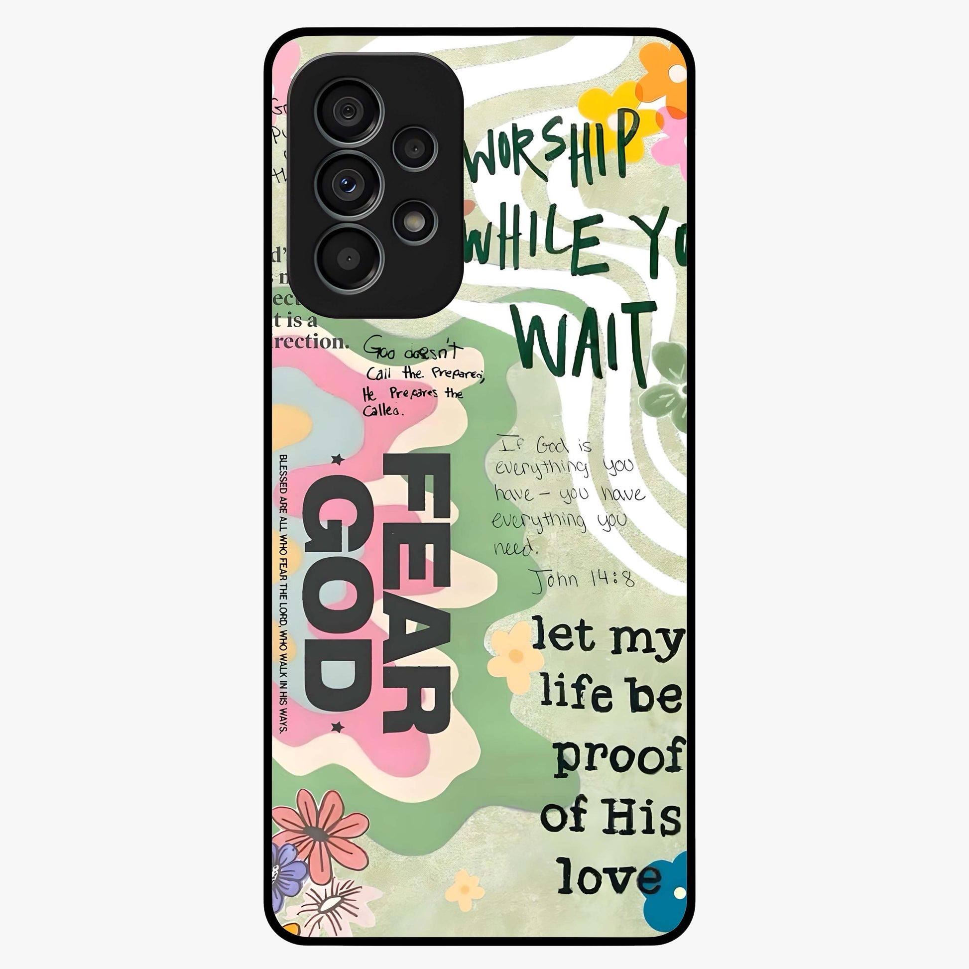 Faith Over Fear Glass Case showing flat back view with motivational typography artwork and glossy glass finish.