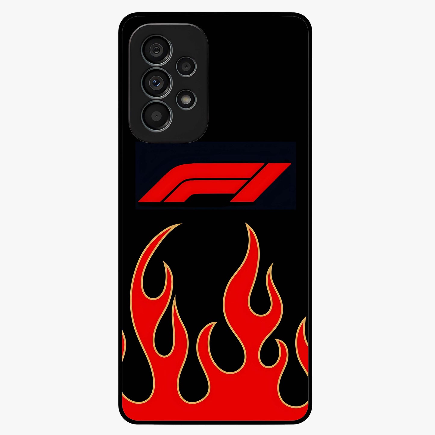 Fire F11 Glass Case showing flat back view with fiery themed artwork and glossy glass finish.