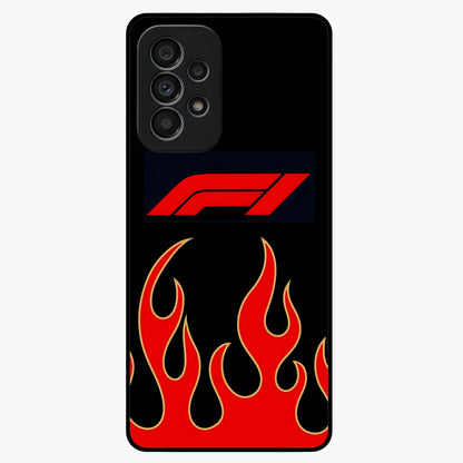 Fire F11 Glass Case showing flat back view with fiery themed artwork and glossy glass finish.