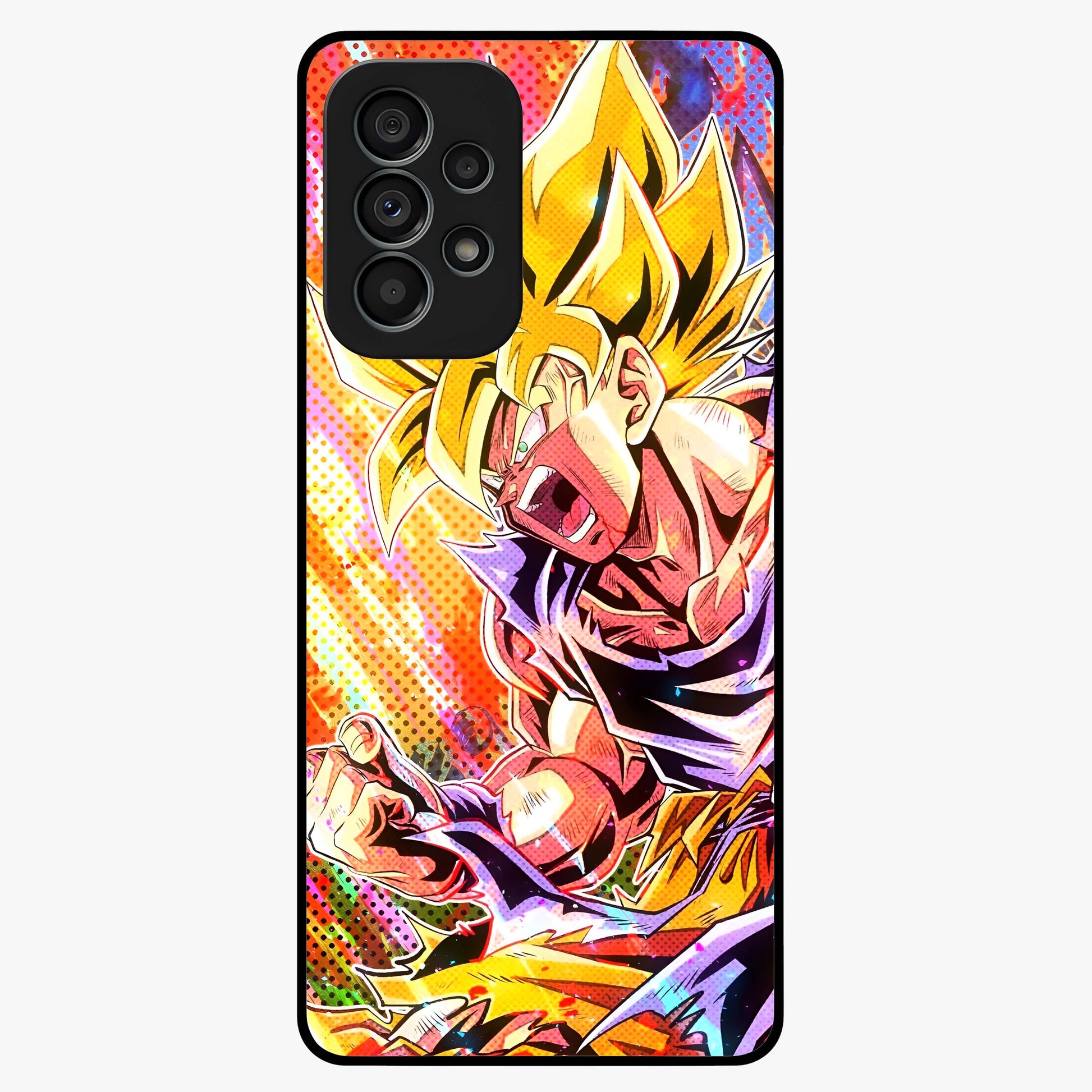 Firing Goku Glass Case showing flat back view with powerful anime inspired artwork and glossy glass finish.