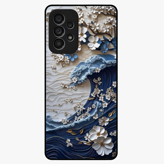 Floral Wave Origami Glass Case showing flat back view with origami inspired floral wave artwork and glossy glass finish.