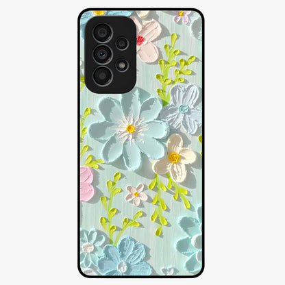 Frosted Petal Garden Glass Case showing flat back view with soft frosted floral artwork and glossy glass finish.