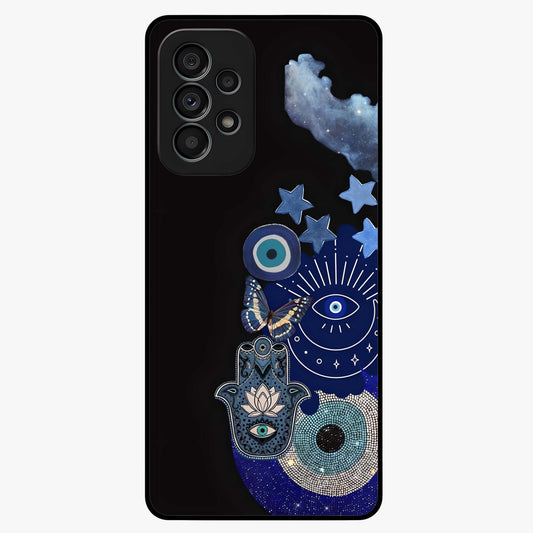 Galactic Charm Cluster Glass Case showing flat back view with glowing celestial charm artwork and glossy glass finish.