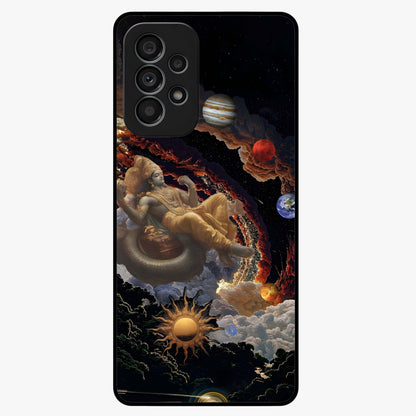 Galactic Divine God Glass Case showing flat back view with divine cosmic themed artwork and glossy glass finish.