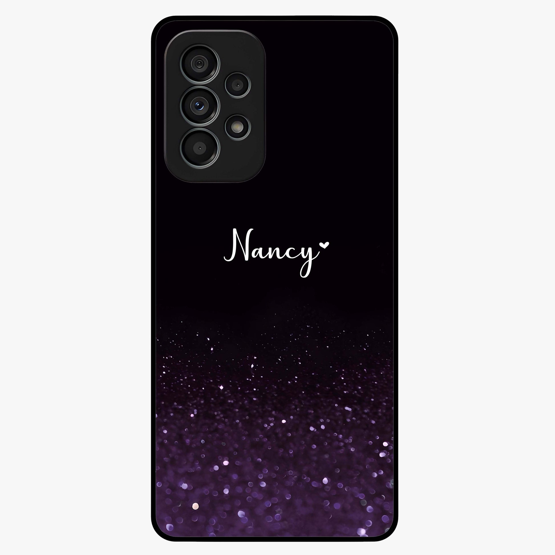 Glittery Purple Bokeh Custom Name Glass Case showing flat back view with purple bokeh sparkle artwork and personalized name design.