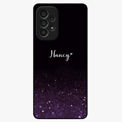 Glittery Purple Bokeh Custom Name Glass Case showing flat back view with purple bokeh sparkle artwork and personalized name design.